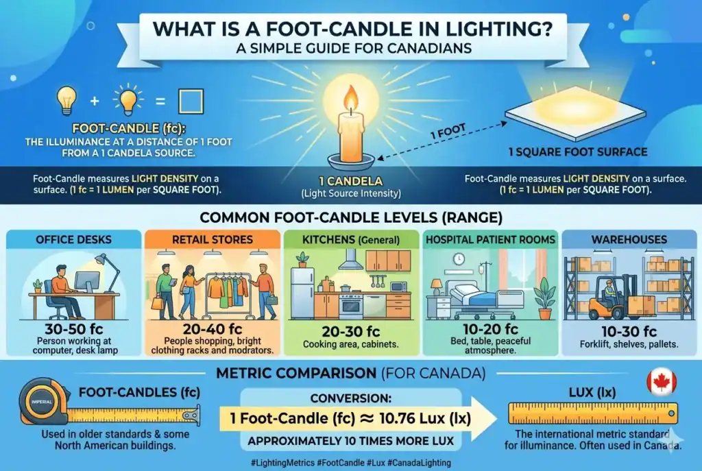 a comprehensive infographic titled what is a foot-candles in lighting? a simple guide for canadians.