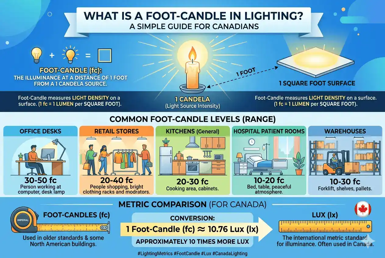 a comprehensive infographic titled what is a foot-candles in lighting? a simple guide for canadians.