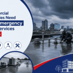 Commercial rooftop repair and maintenance services on a city building under stormy skies.