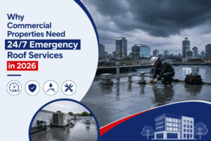 Commercial rooftop repair and maintenance services on a city building under stormy skies.