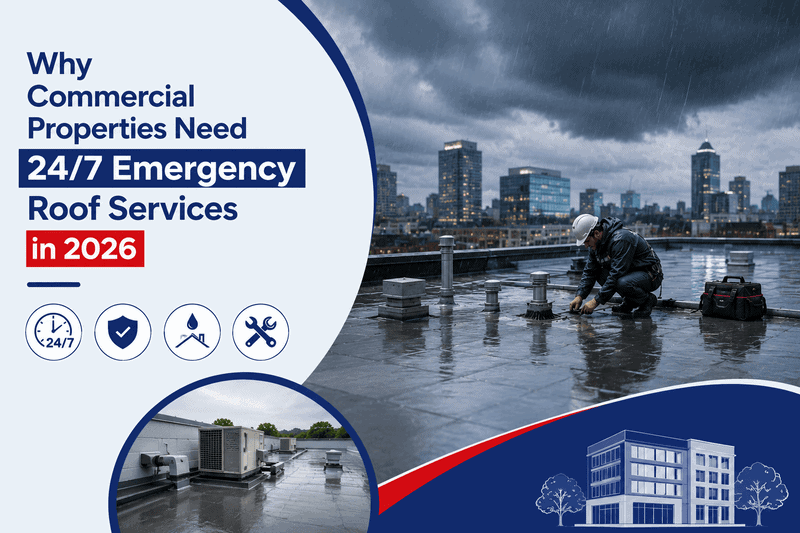 Commercial rooftop repair and maintenance services on a city building under stormy skies.